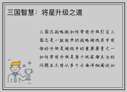 三国智慧：将星升级之道