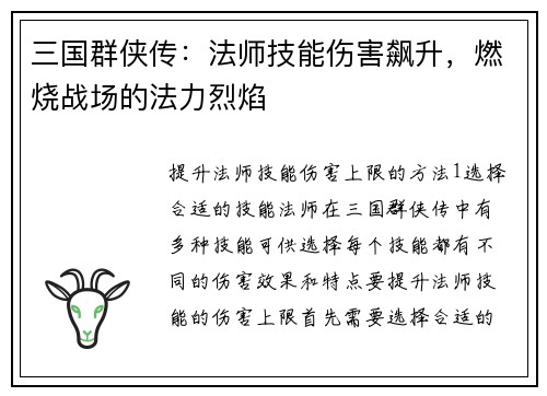 三国群侠传：法师技能伤害飙升，燃烧战场的法力烈焰